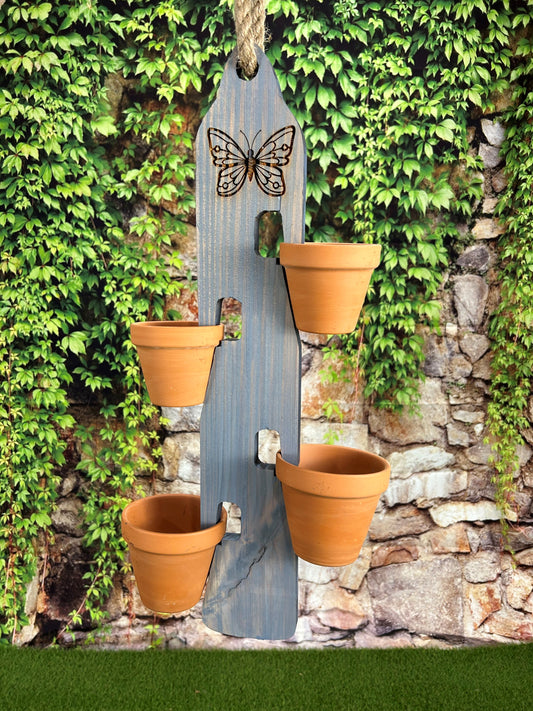 Rustic Wooden Clay Pot Hanger W/Butterfly