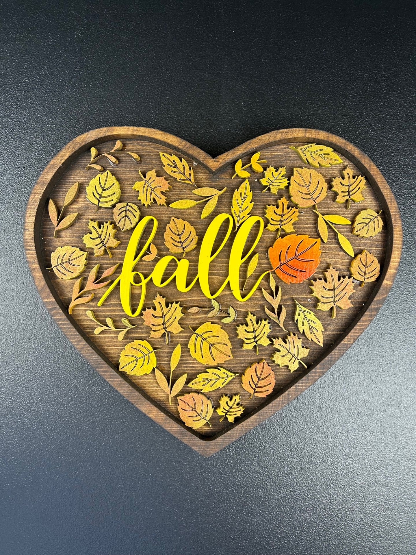 Fall Heart Shaped Sign with Leaves- Wooden