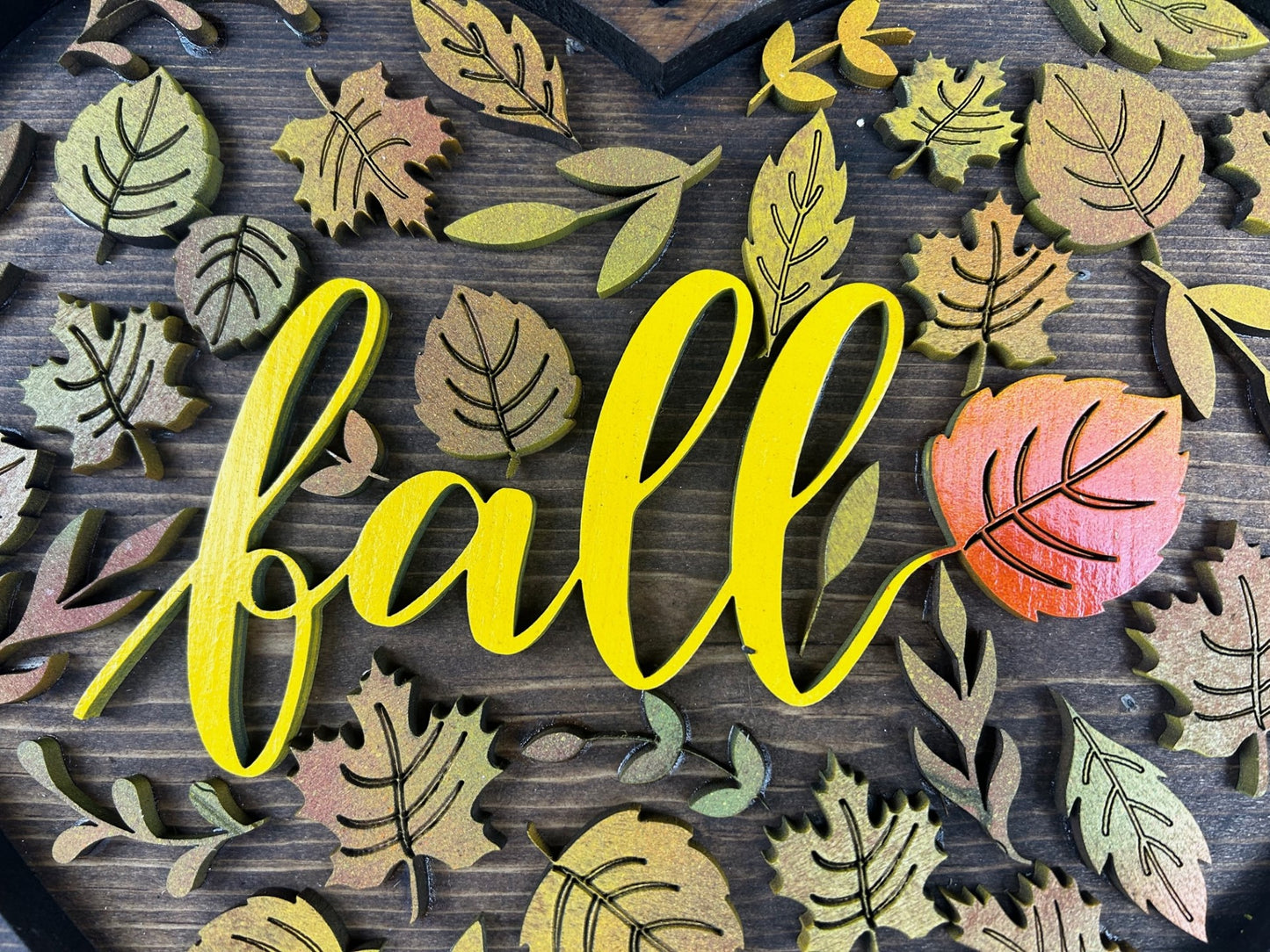 Fall Heart Shaped Sign with Leaves- Wooden
