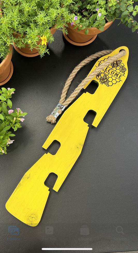 Rustic Wooden Clay Pot Hanger W/Honey Bees