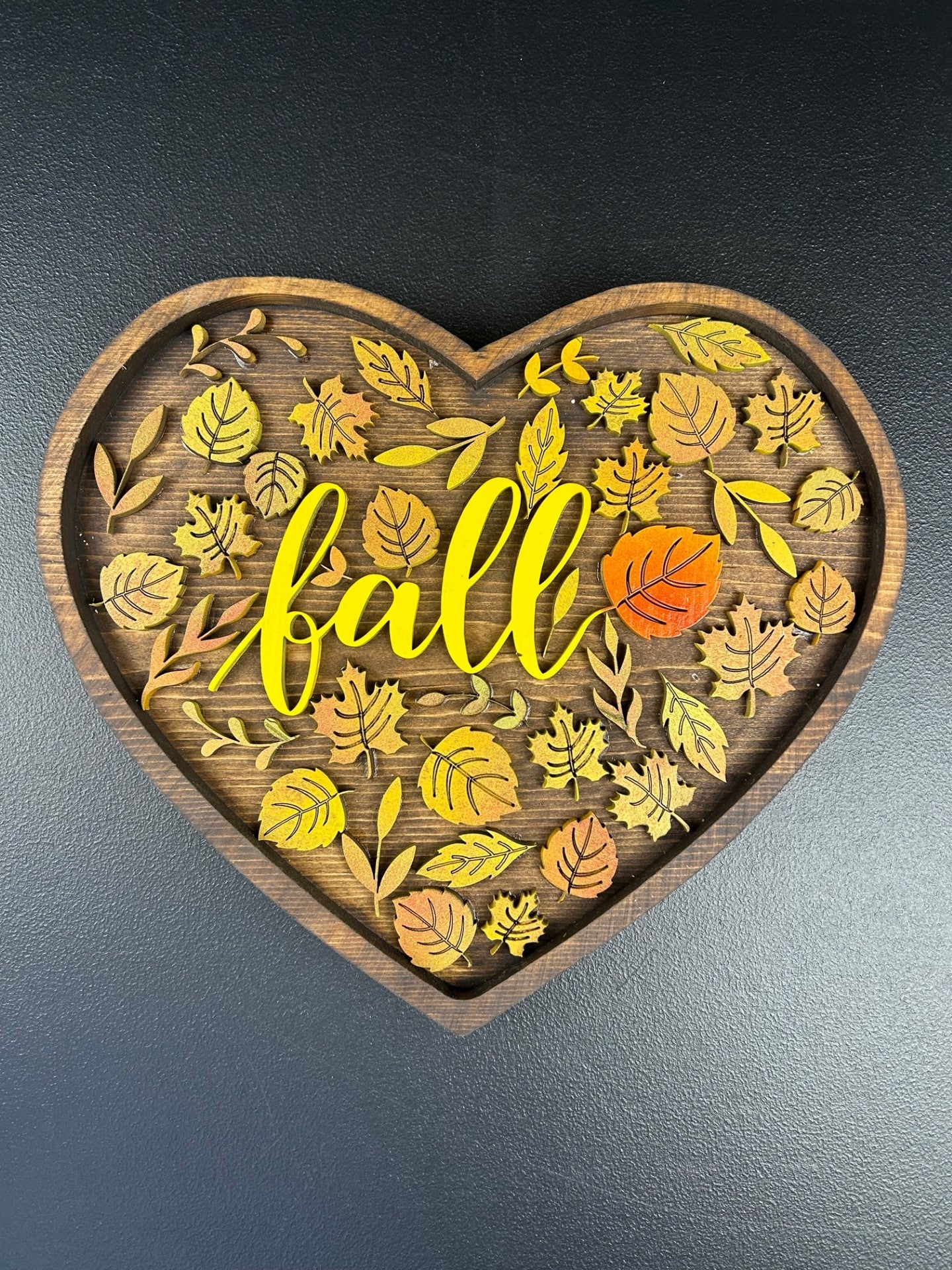Fall Heart Shaped Sign with Leaves- Wooden
