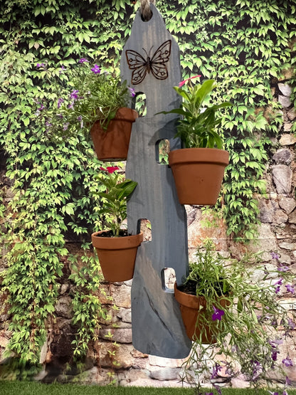 Rustic Wooden Clay Pot Hanger W/Butterfly