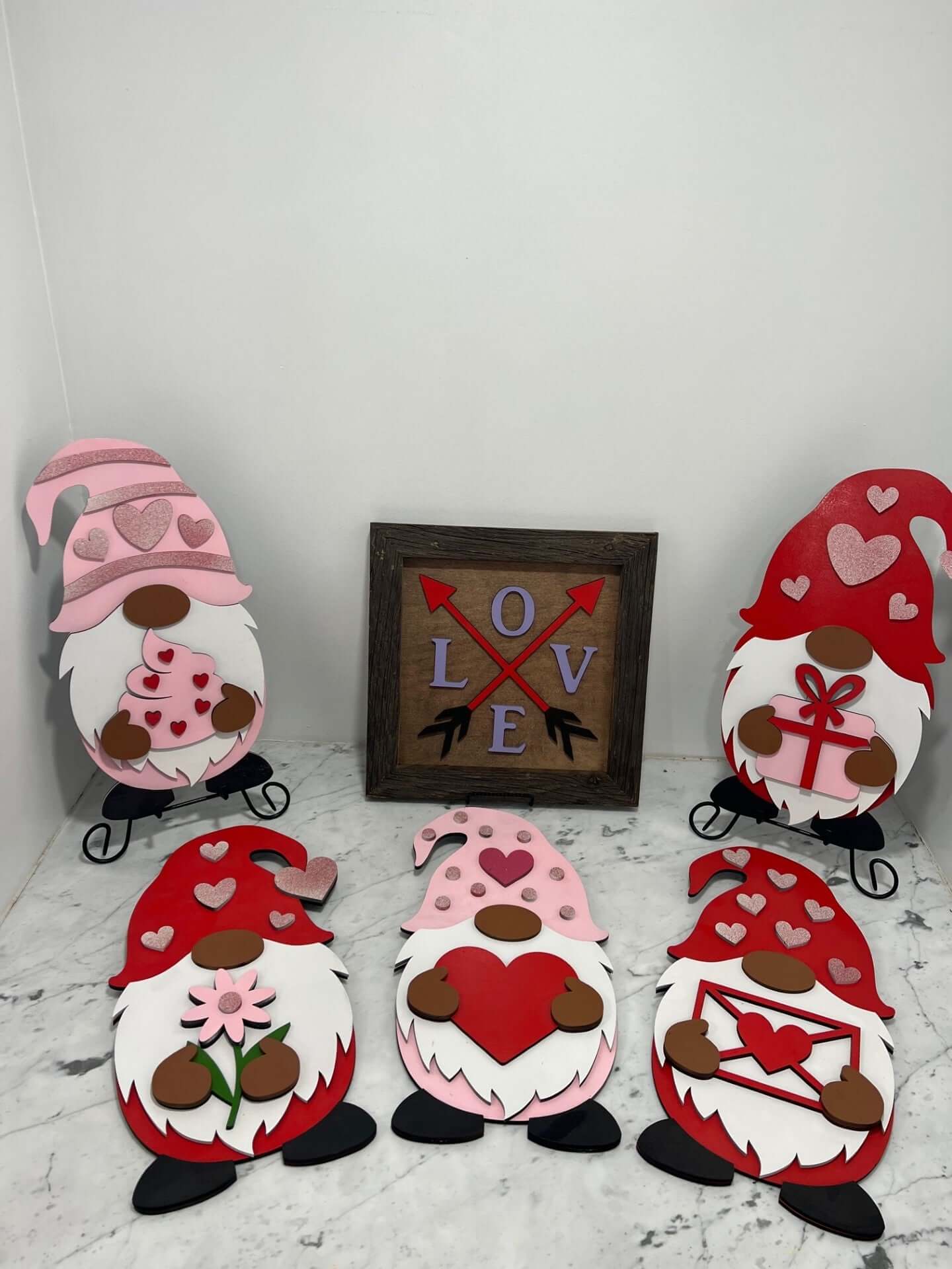 Whimsical Wooden Valentine Gnome with Flower Sign