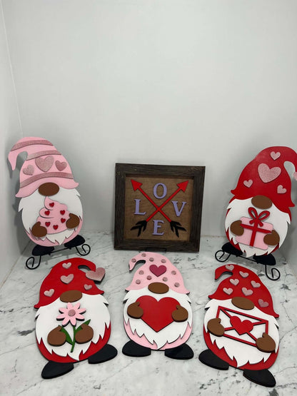 Whimsical Wooden Valentine Gnome with Flower Sign