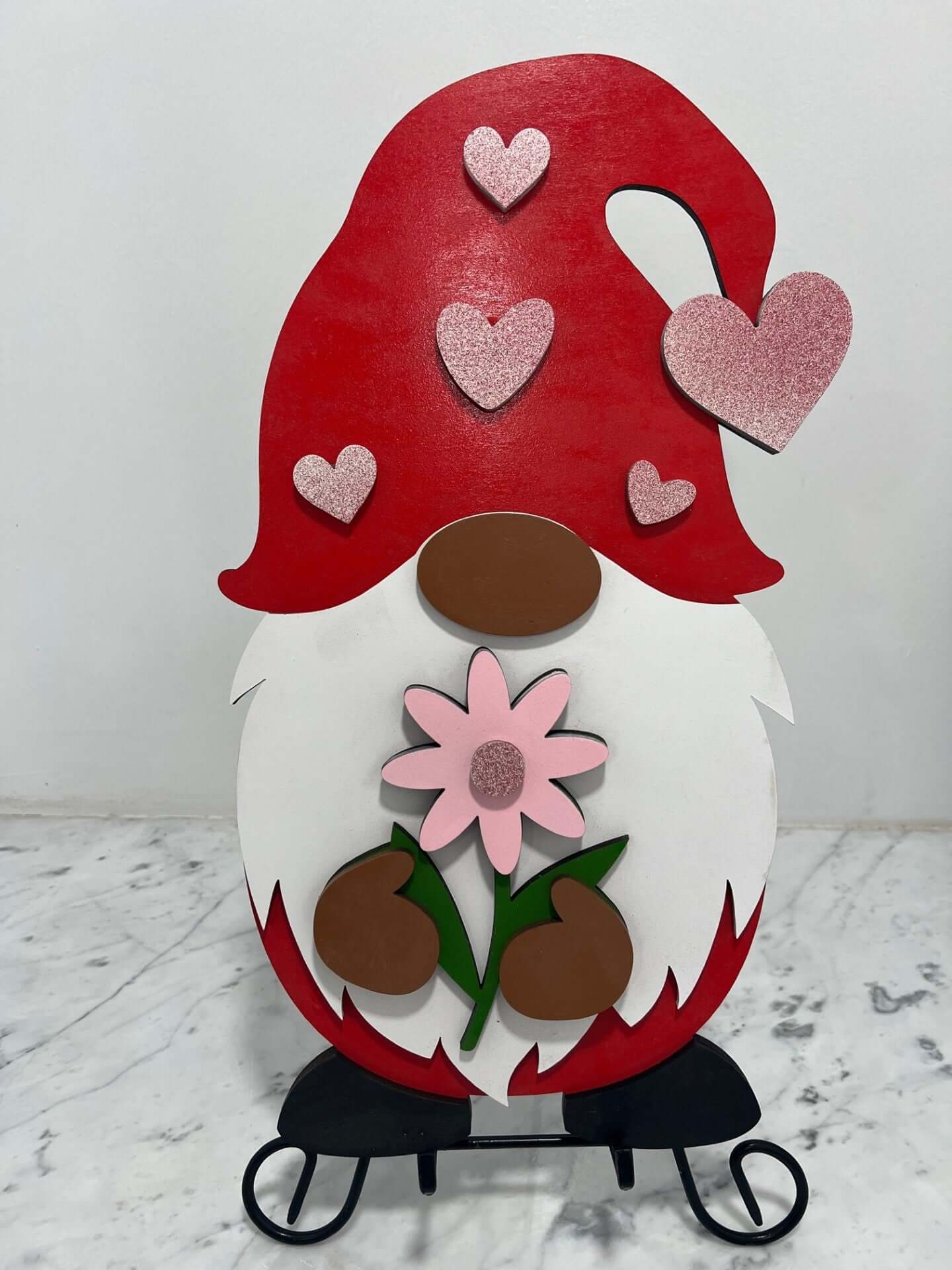 Whimsical Wooden Valentine Gnome with Flower Sign