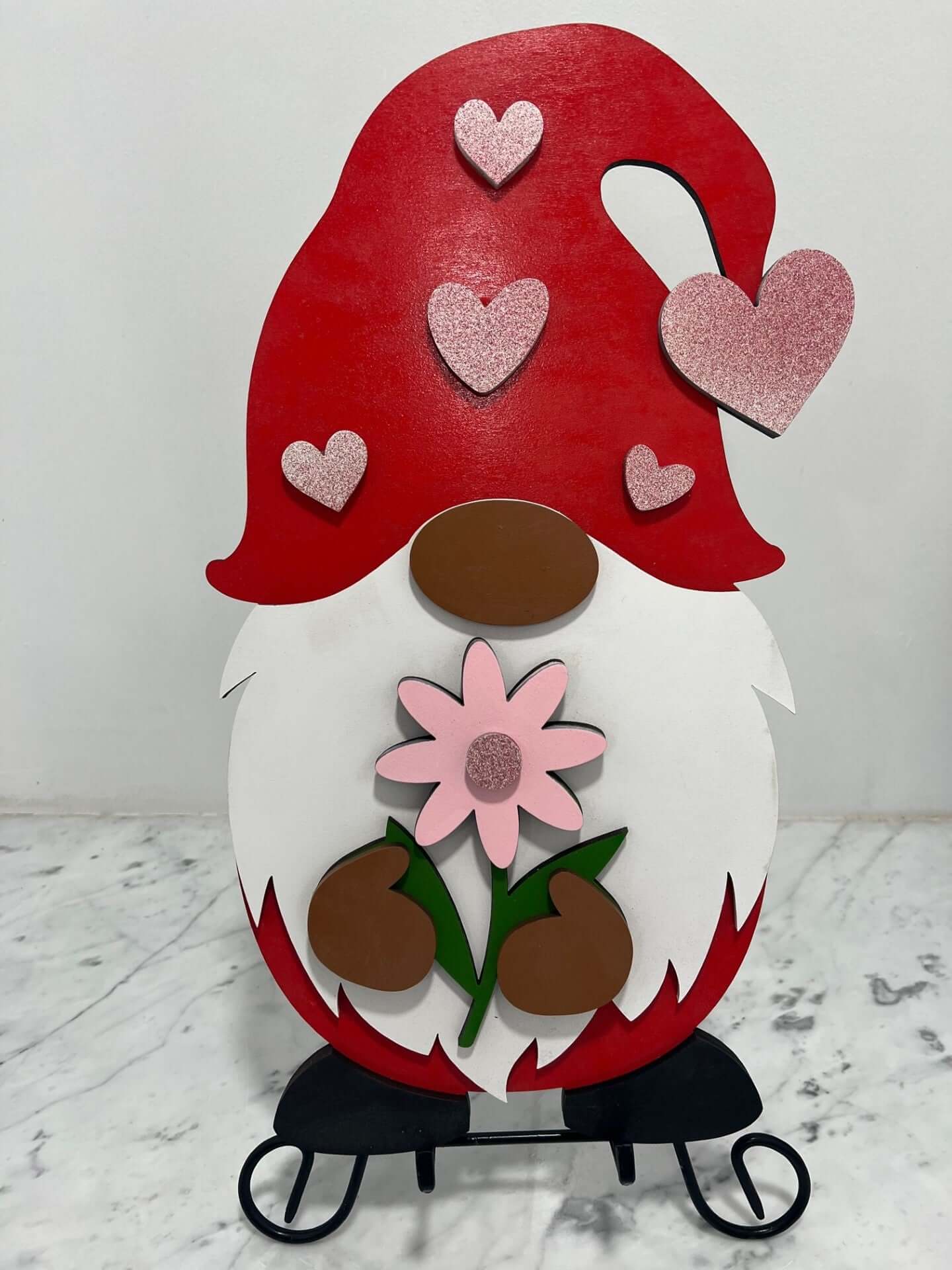 Whimsical Wooden Valentine Gnome with Flower Sign
