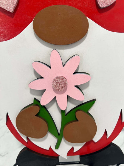 Whimsical Wooden Valentine Gnome with Flower Sign