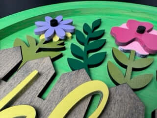 WELCOME WOODEN SIGN- FLOWERS WITH FENCE 14"