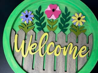 WELCOME WOODEN SIGN- FLOWERS WITH FENCE 14"